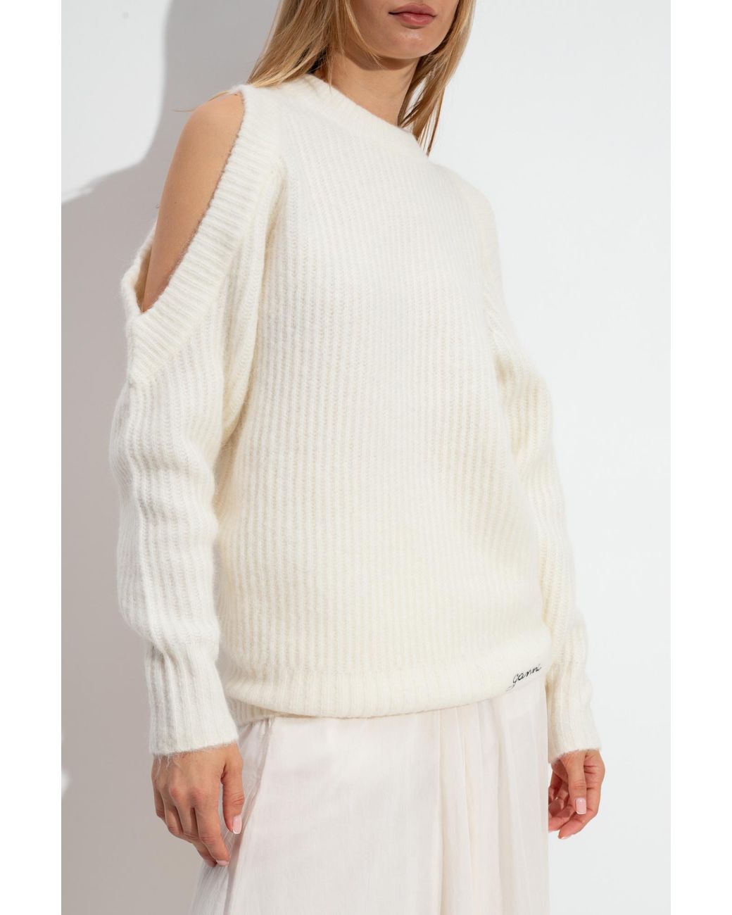 Ganni White Cold-Shoulder Crewneck Jumper