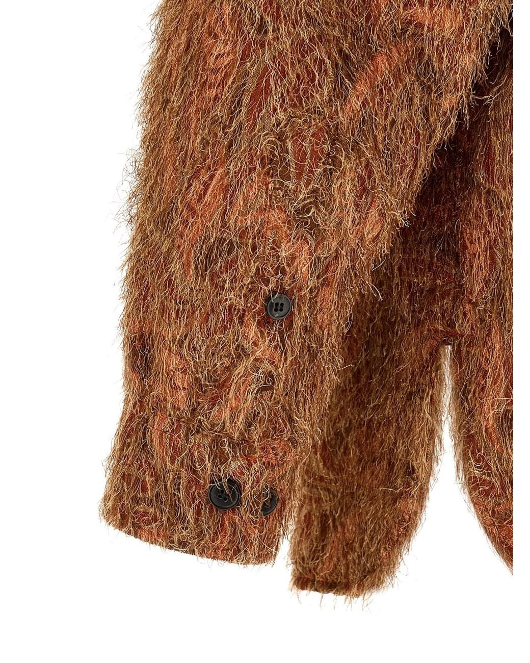 Dries Van Noten Brown Shaggy Jacquard Fringed Shirt for men