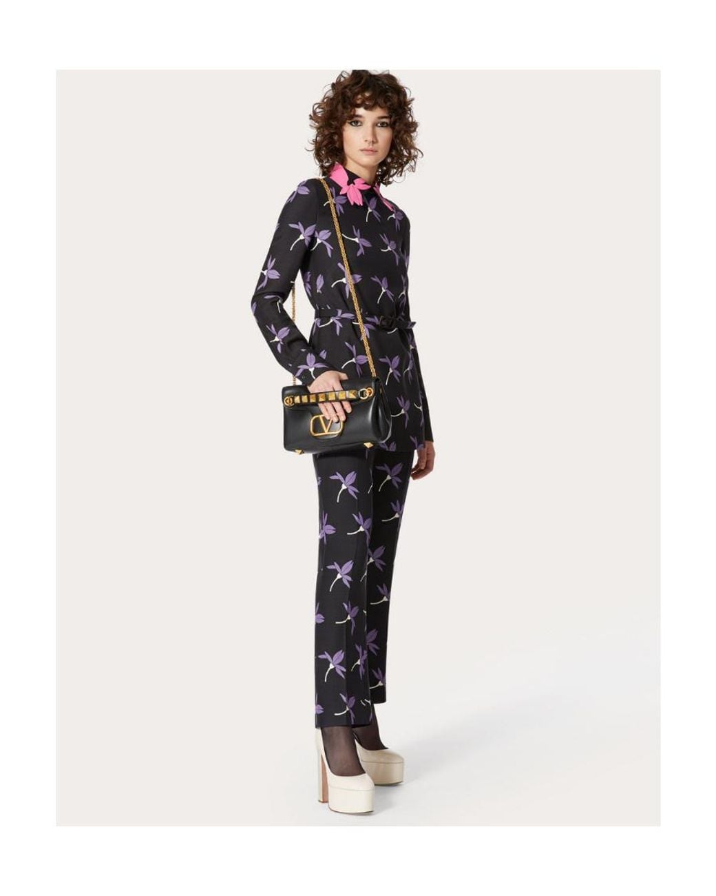 Valentino Black Fairy Flowers Printed Belted Long-Sleeved Shirt