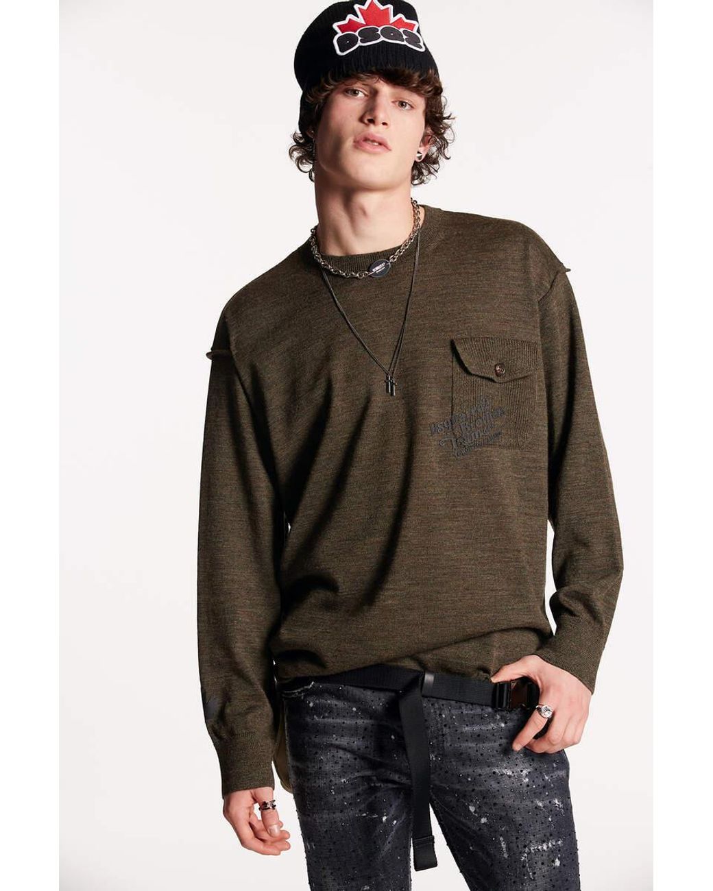 DSquared² Green Flap Pocket Crew Neck Jumper for men