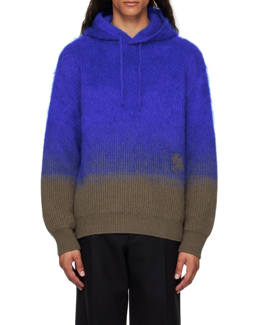 Burberry Blue Two-Toned Logo Intarsia-Knit Hooded Jumper for men