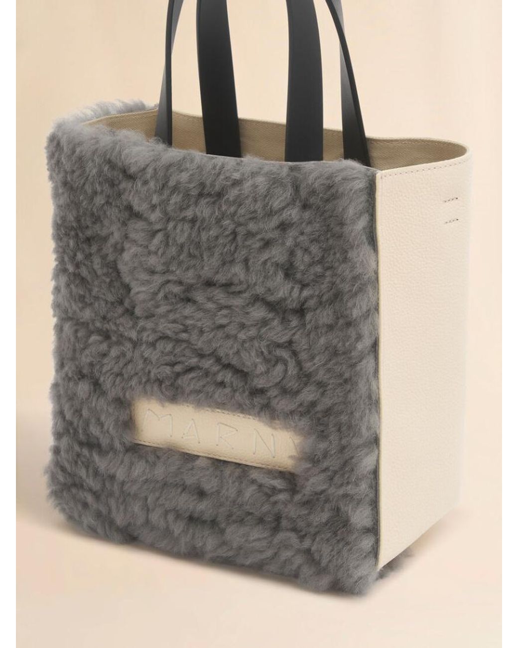 Marni Gray Logo Detailed Shearling Tote Bag