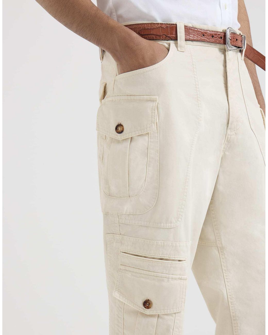 Brunello Cucinelli White Peached Cotton Gabardine Explorer Trousers for men