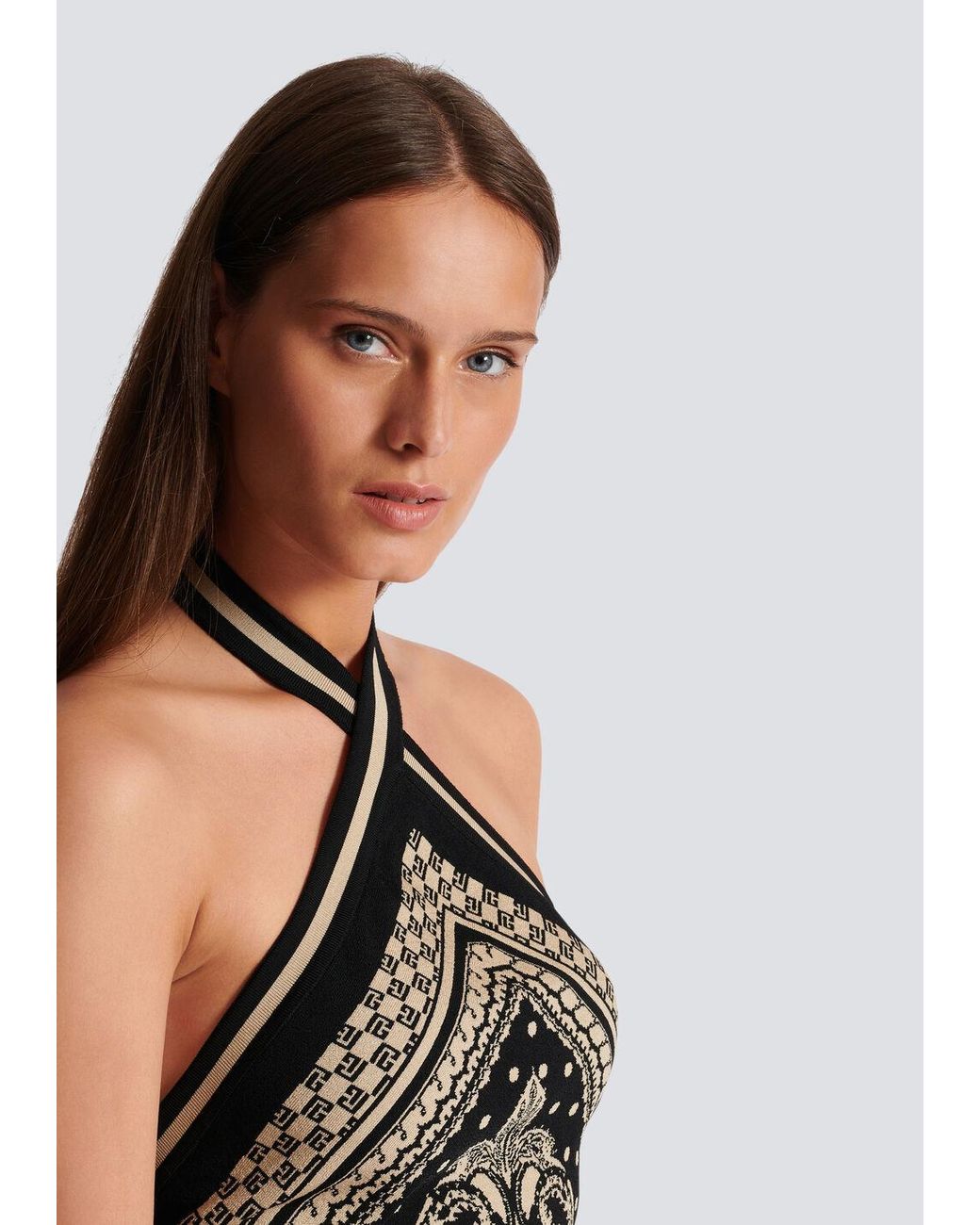 Balmain White Backless Knit Paisley Monogram Dress