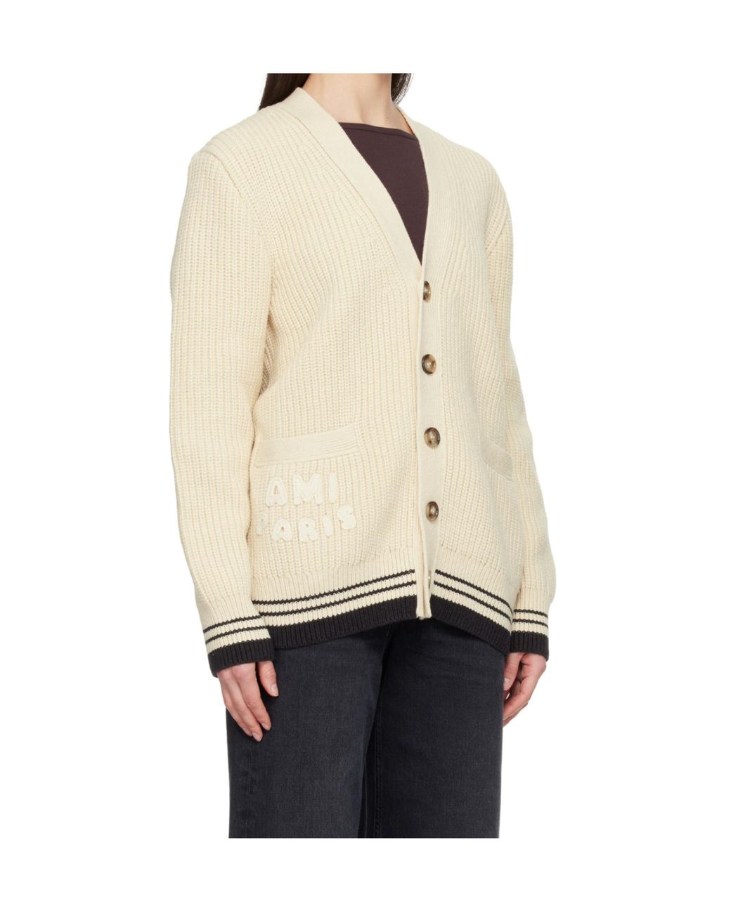 AMI Natural V-Neck Long Sleeved Cardigan