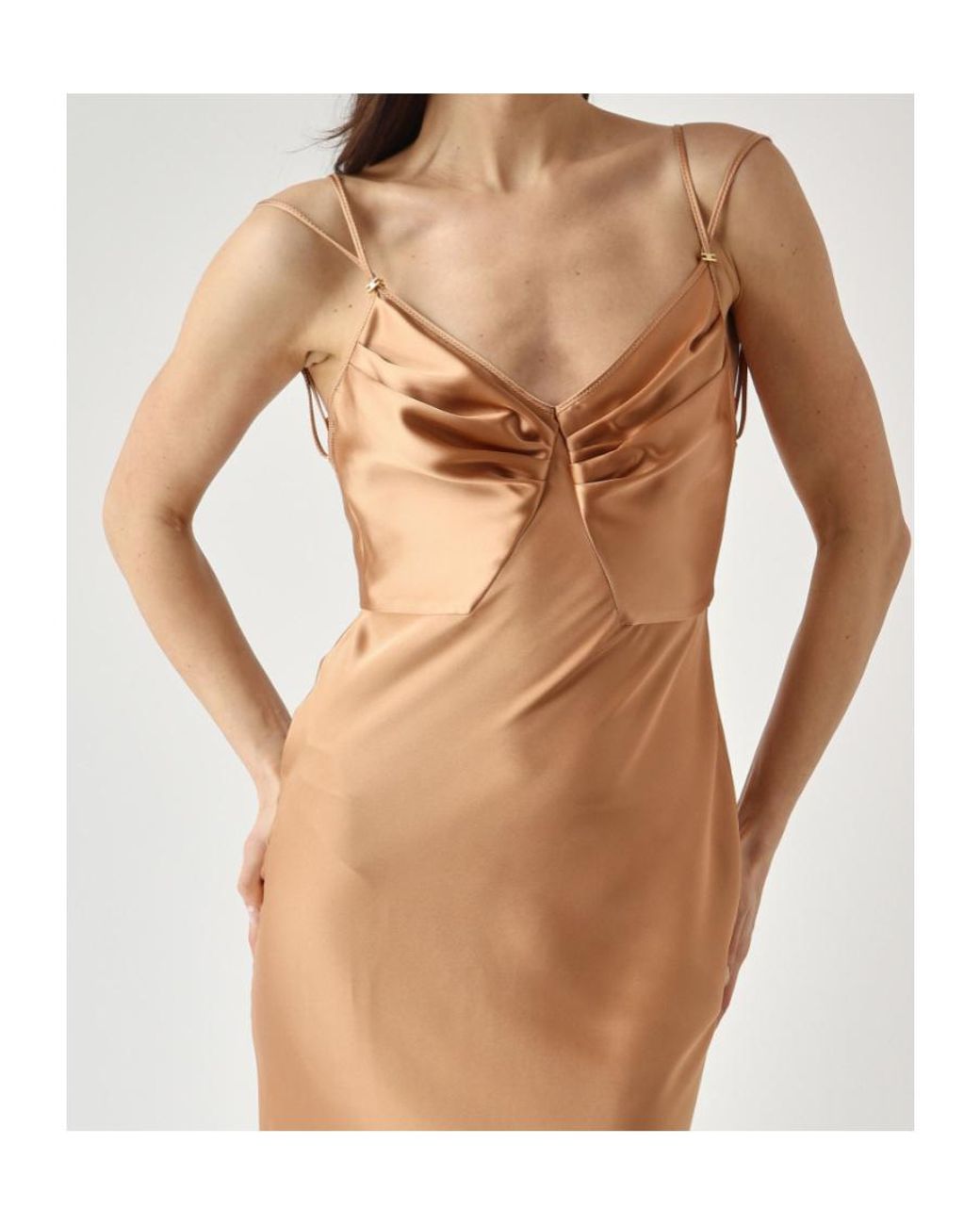 Elisabetta Franchi Natural Draped Satin Maxi Dress