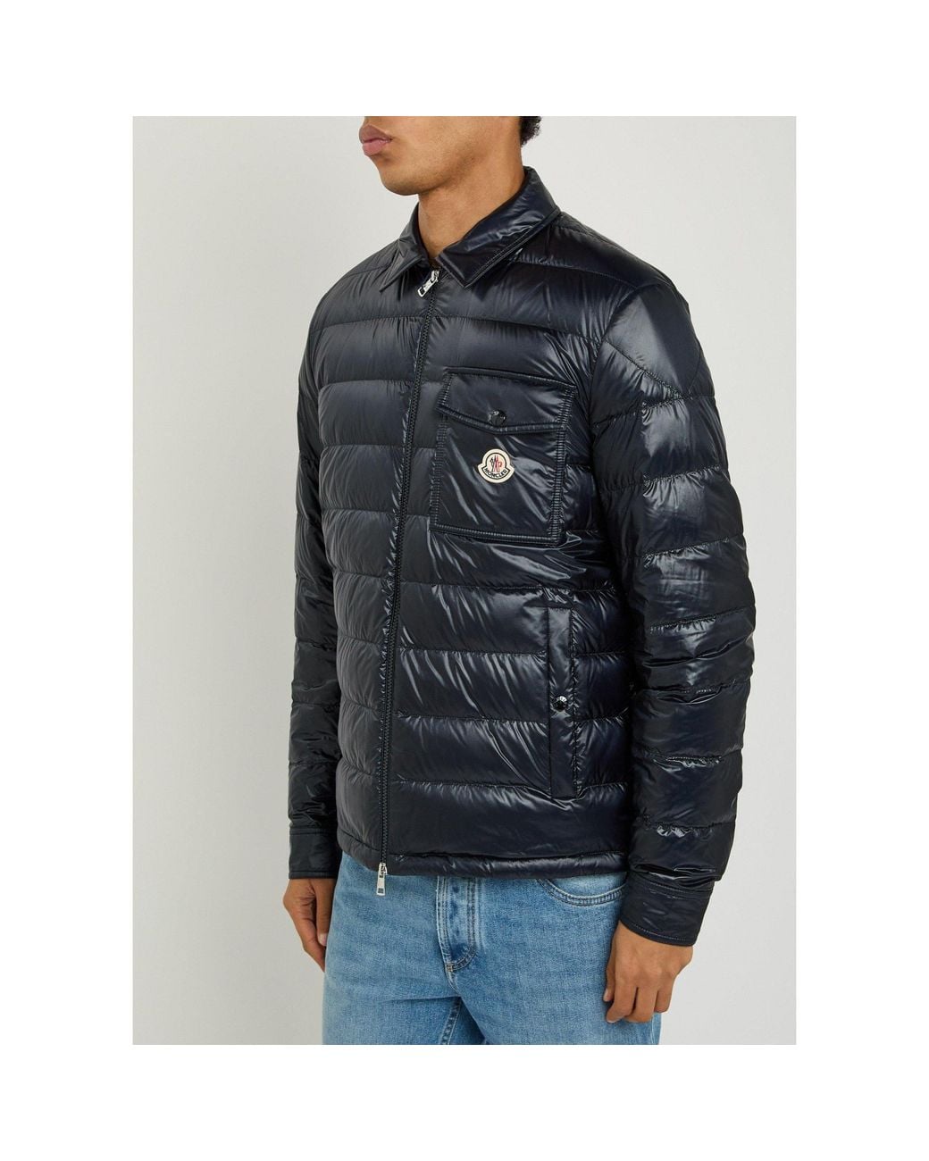 Moncler Blue Shiny Front Stand-Collar Quilted Down Jacket for men
