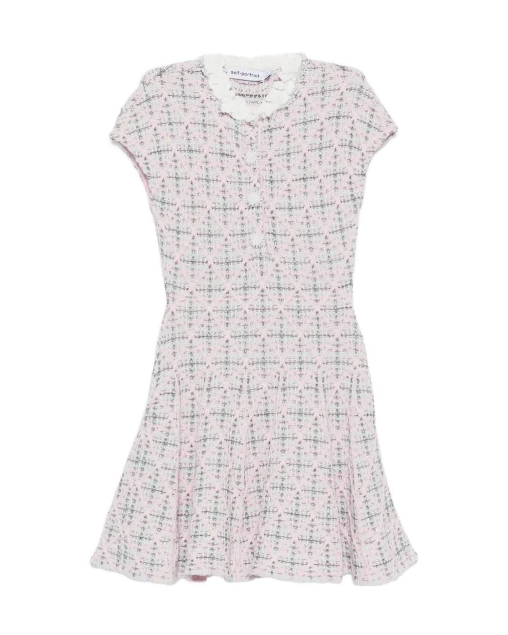 Self-Portrait White Check Knit Beaded Mini Dress