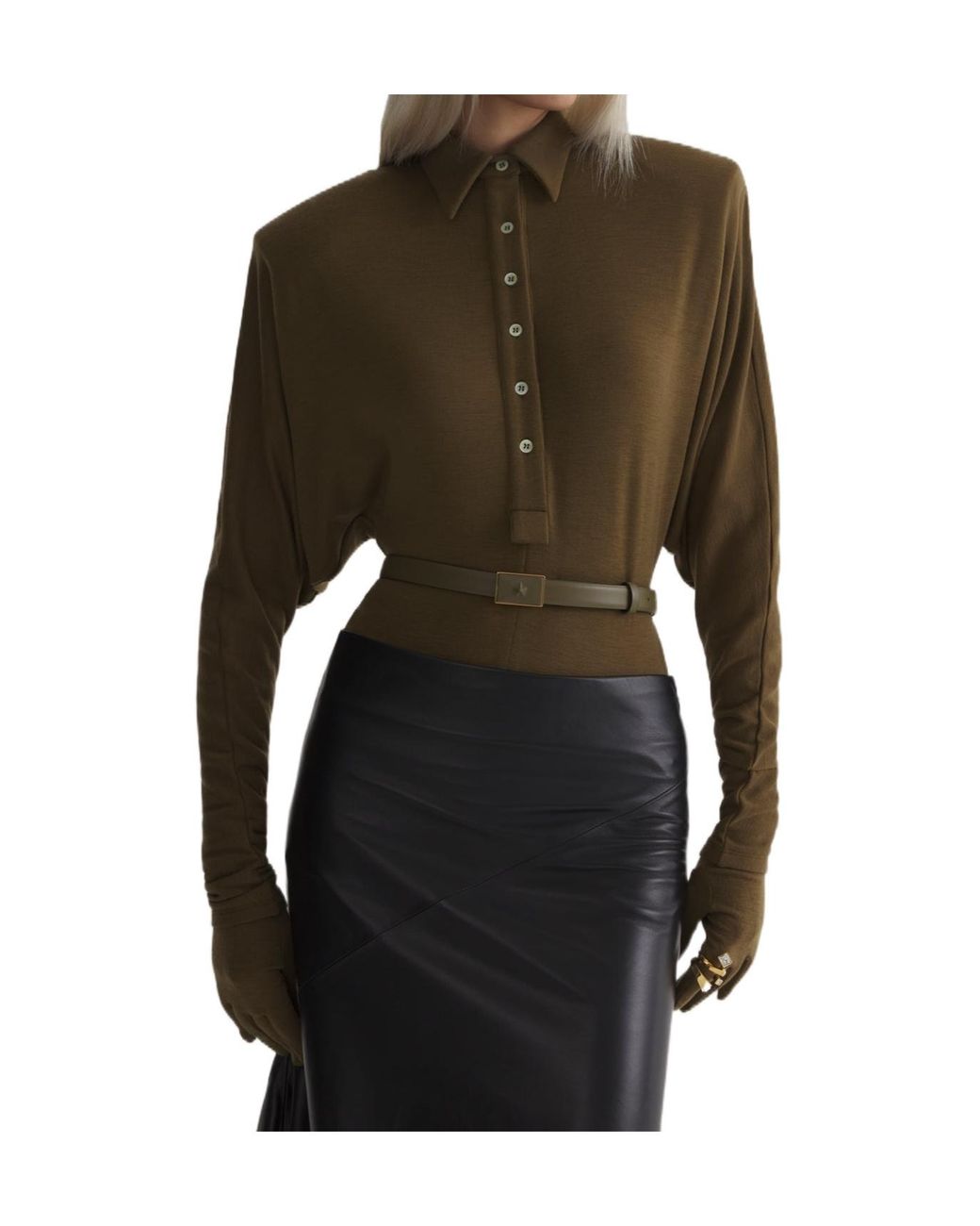 Mugler Brown Bat-Sleeve Polo Bodysuit