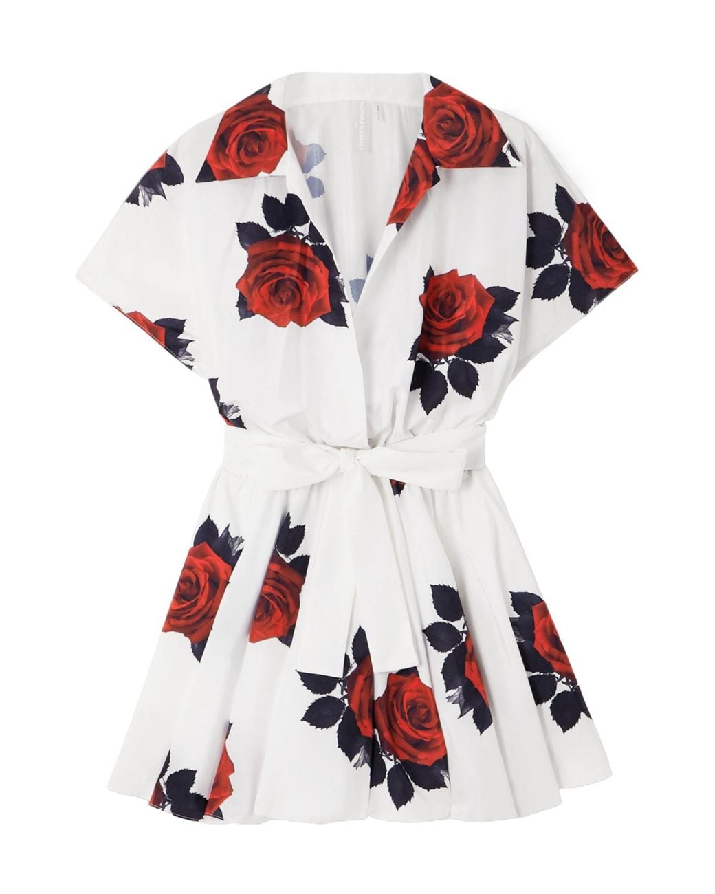 Norma Kamali Red Pleated Floral-Print Satin Mini Wrap Dress