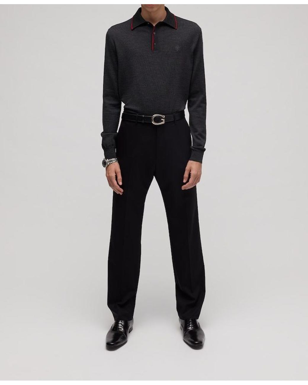 Gucci Black Crest-Embroidered Long-Sleeve Polo Shirt for men