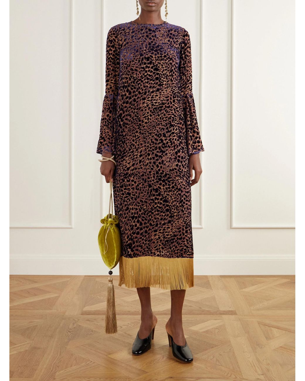 Borgo De Nor Brown Astoria Fringed Leopard-Jacquard Devoré Midi Dress