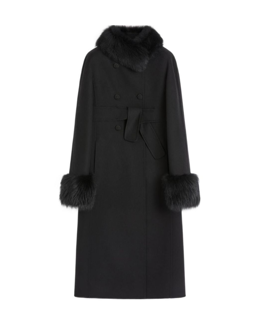 Valentino Black Faux Fur-Trimmed Double-Breasted Coat