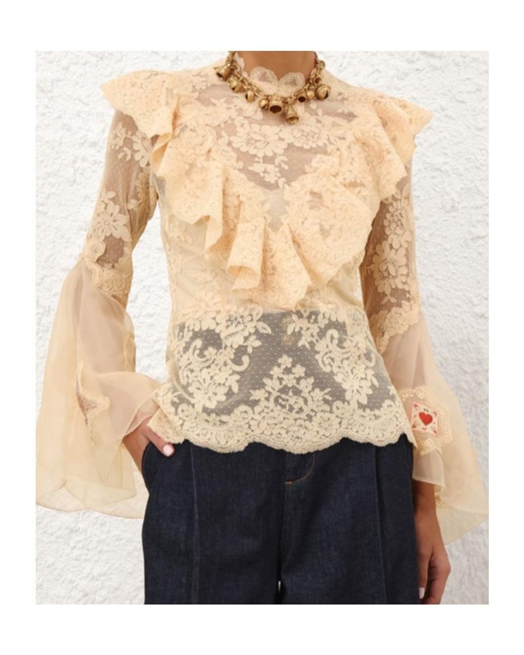 Zimmermann Natural Flared Sleeve Ruffled Lace Shirt