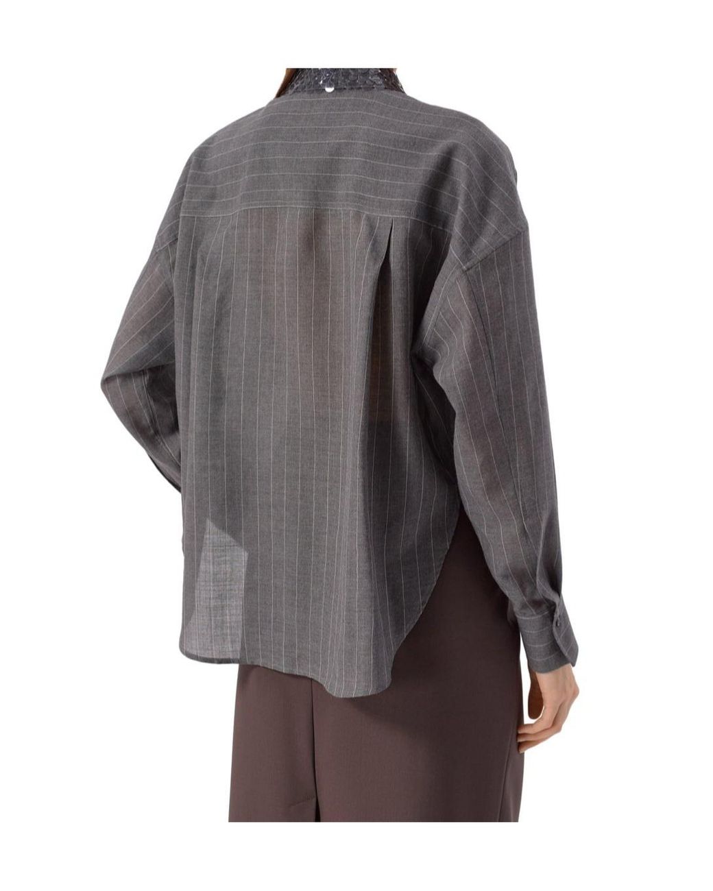 Brunello Cucinelli Gray Embellished Striped Shirt