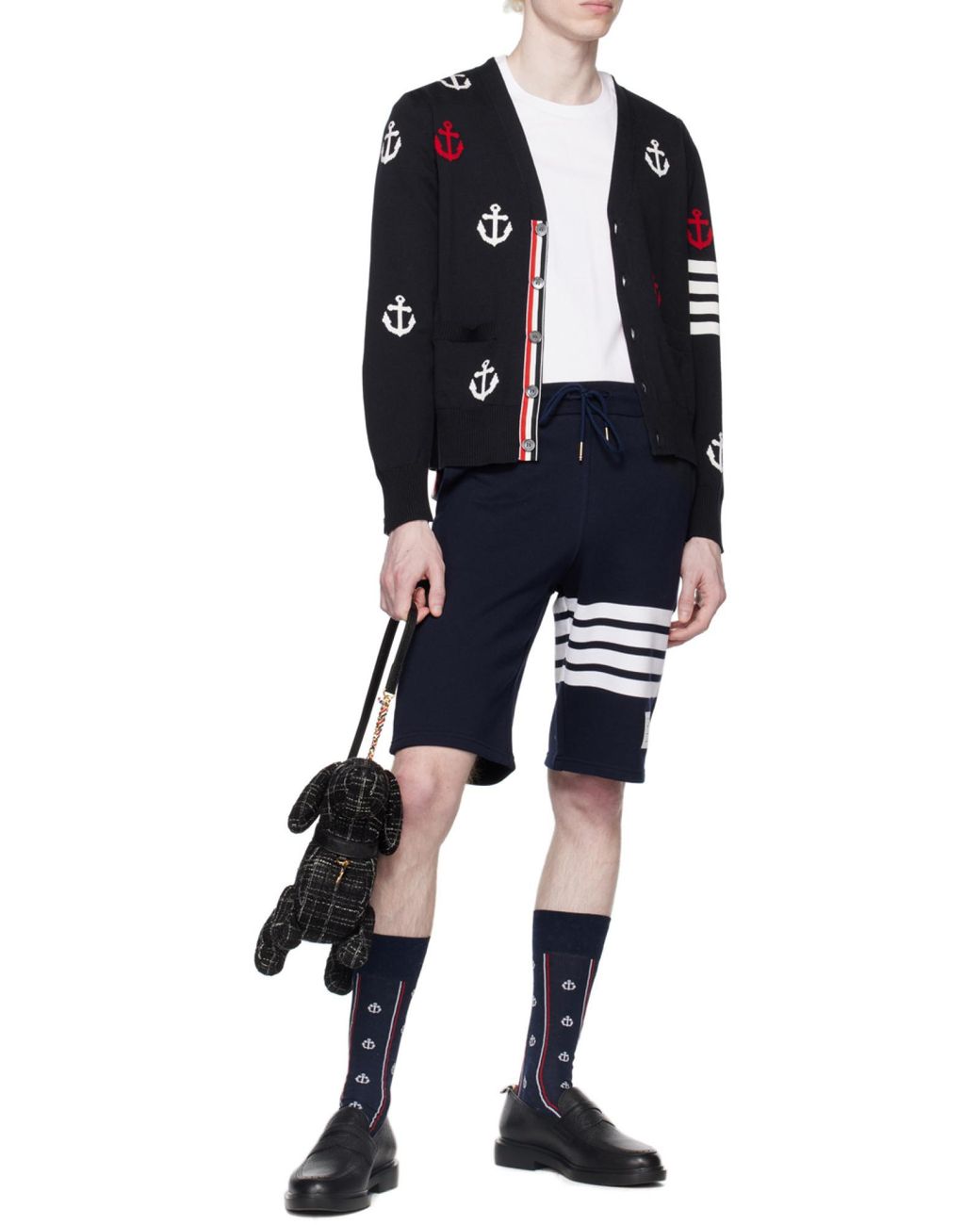 Thom Browne Blue Bar Anchor Intarsia Cardigan for men