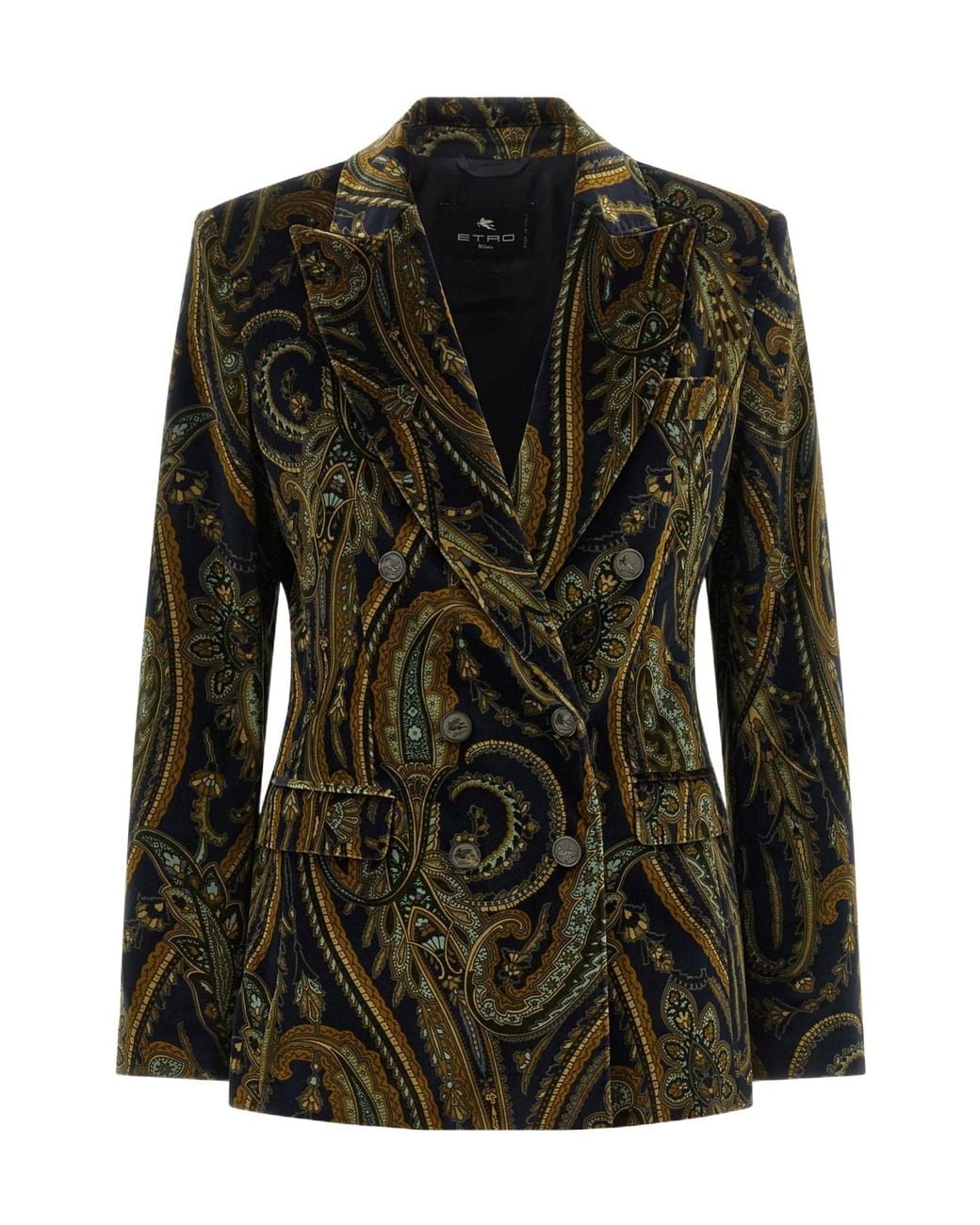 Etro Green Double-Breasted Cotton Velvet Jacket With Floral Overprint