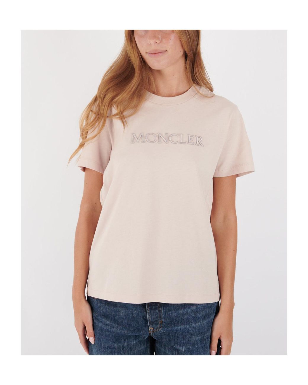 Moncler Pink Embroidered Tonal Logo Crewneck T-Shirt
