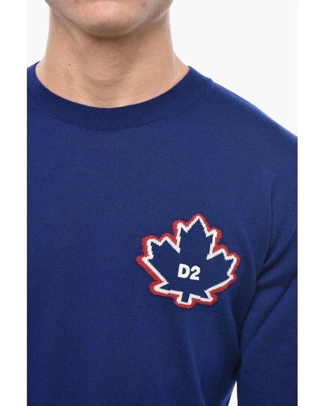DSquared² Blue Maple-Leaf Patch Crew-Neck Sweater for men