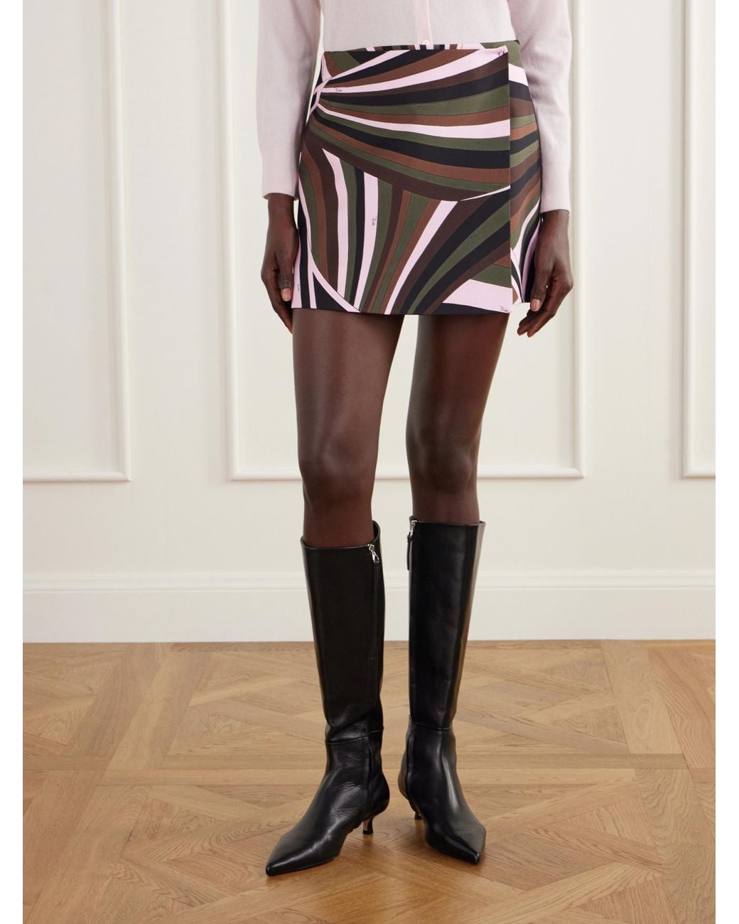 Emilio Pucci Black Wrap-Effect Printed Silk-Twill Mini Skirt