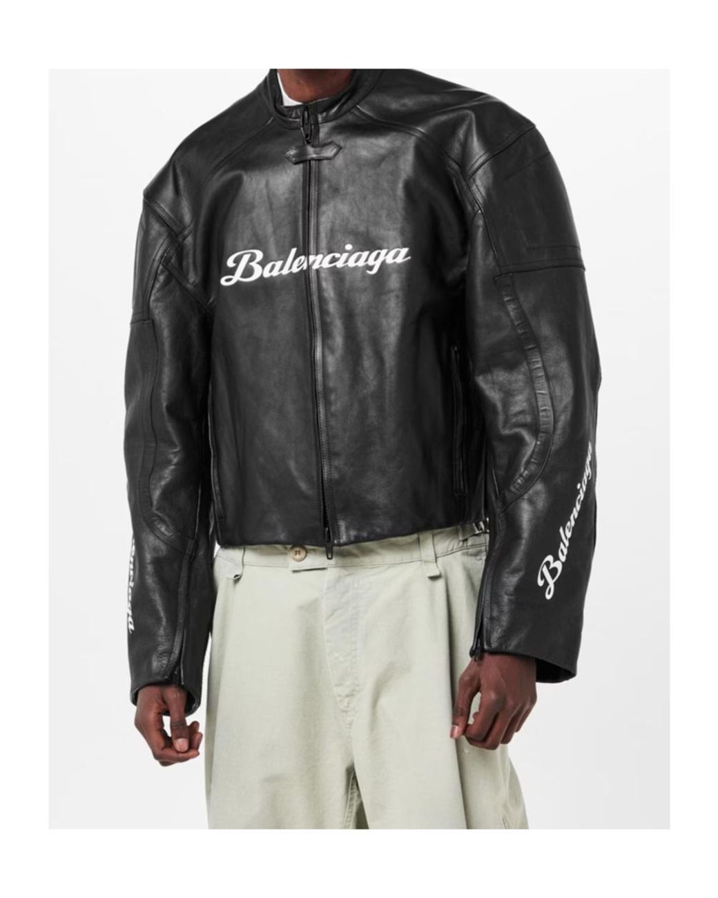 Balenciaga Black Logo Leather Biker Jacket for men