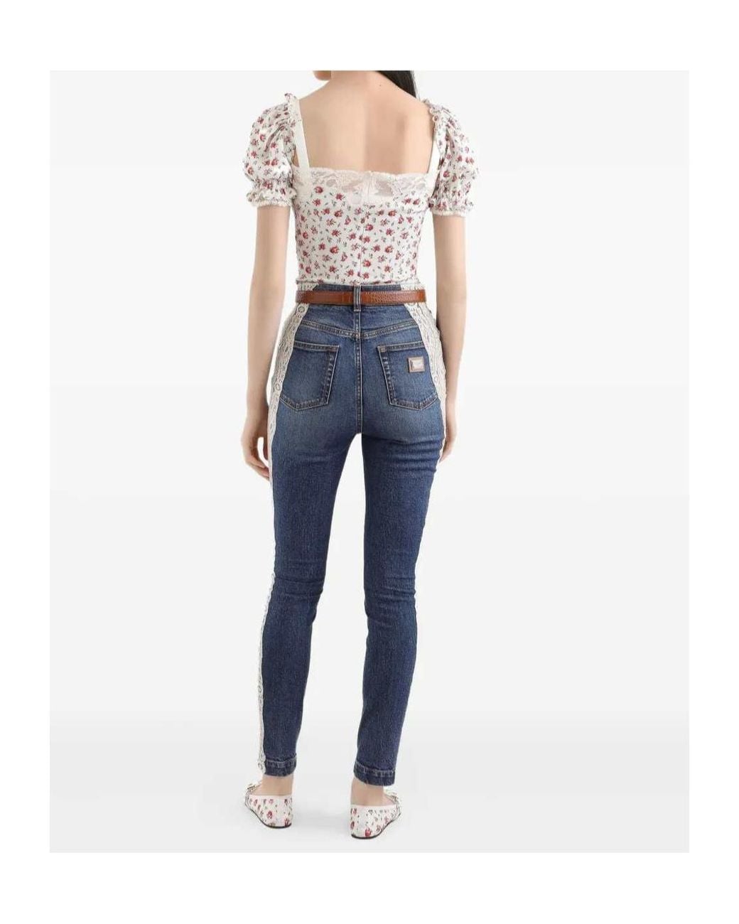 Dolce & Gabbana White Small Rose-Printed Charmeuse Top