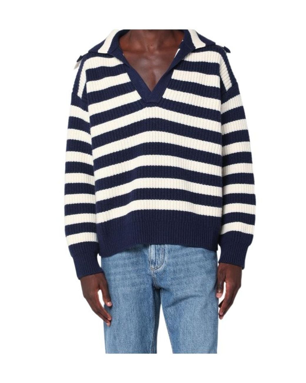 Bottega Veneta Blue V-Neck Striped Polo Jumper for men