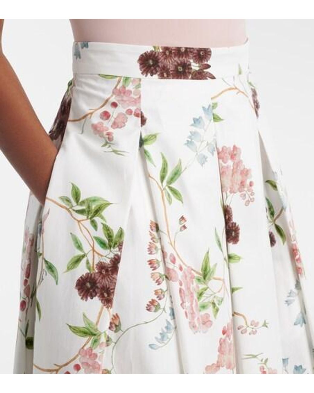 Erdem White Floral Pleated Cotton Poplin Midi Skirt
