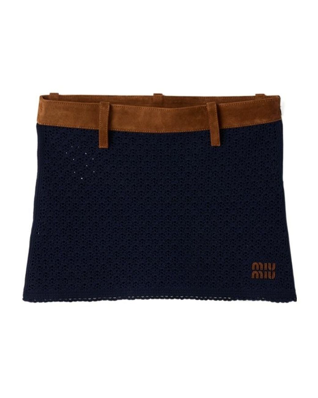 Miu Miu Blue Cotton Crochet And Suede Miniskirt