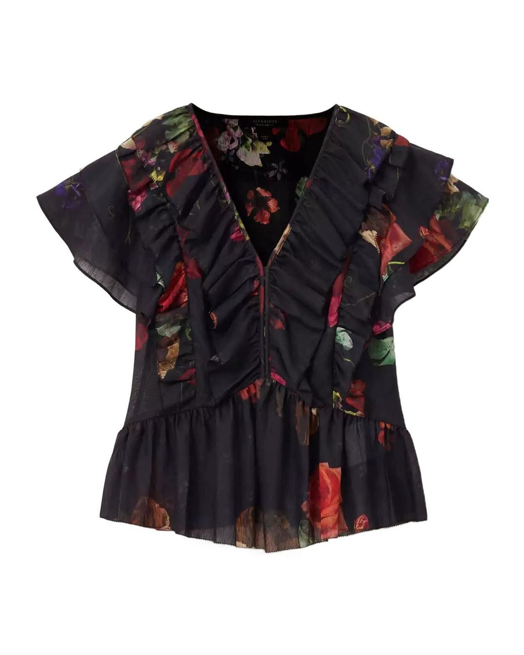AllSaints Black Alma Ruffled Floral Top