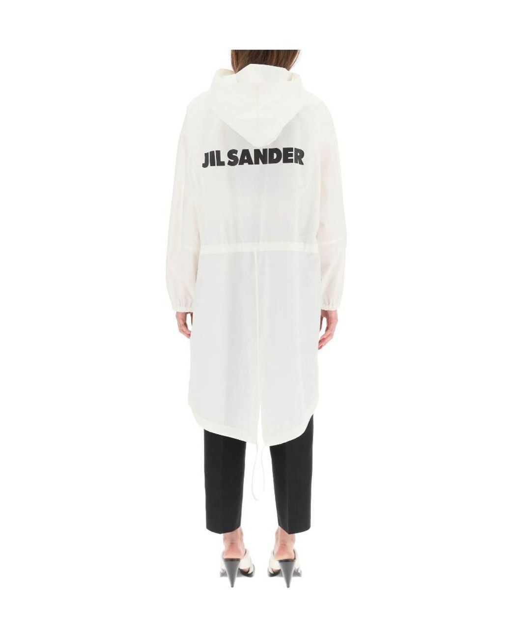 Jil Sander White Logo Printed Drawstring Hooded Coat