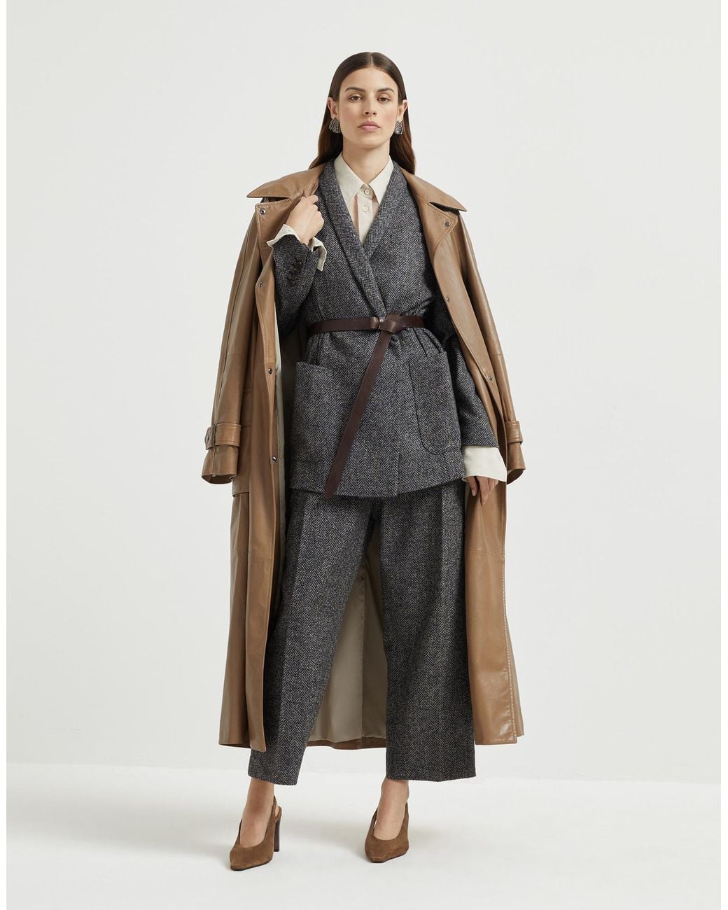 Brunello Cucinelli Gray Herringbone Patterned Belted Jacket