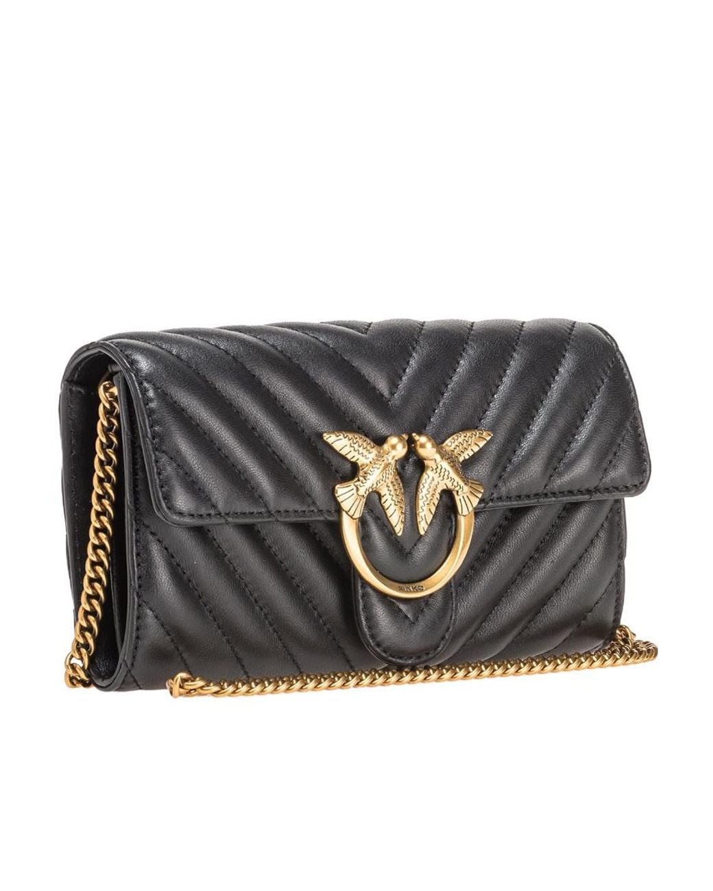Pinko Black Logo Plaque Chain-Linked Quilted Shoulder Bag