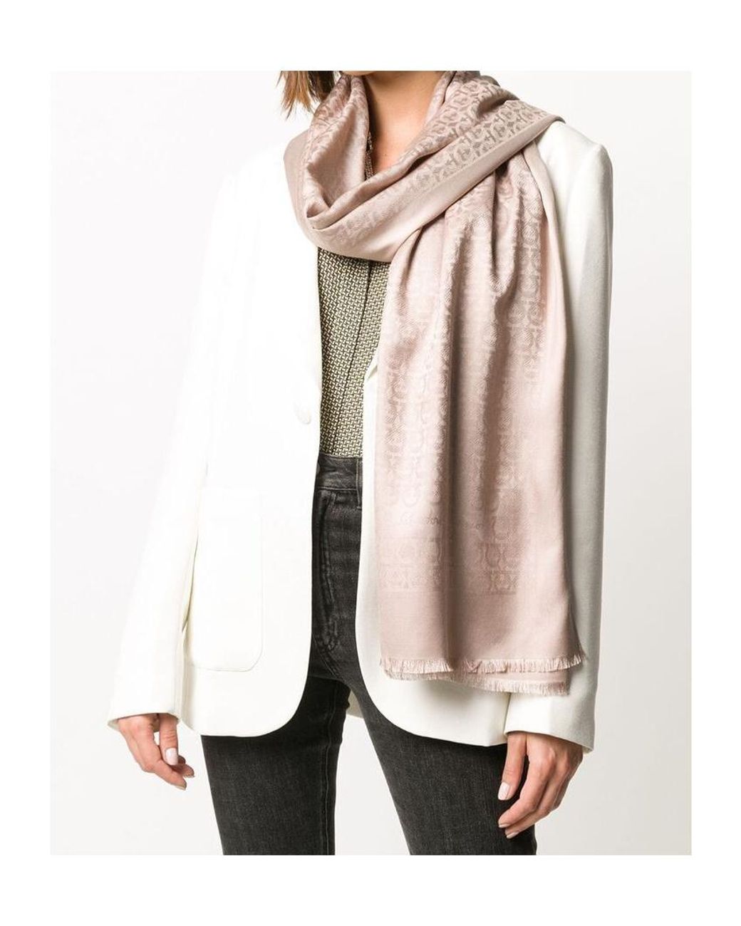 Ferragamo Pink Gancini-Print Frayed Scarf