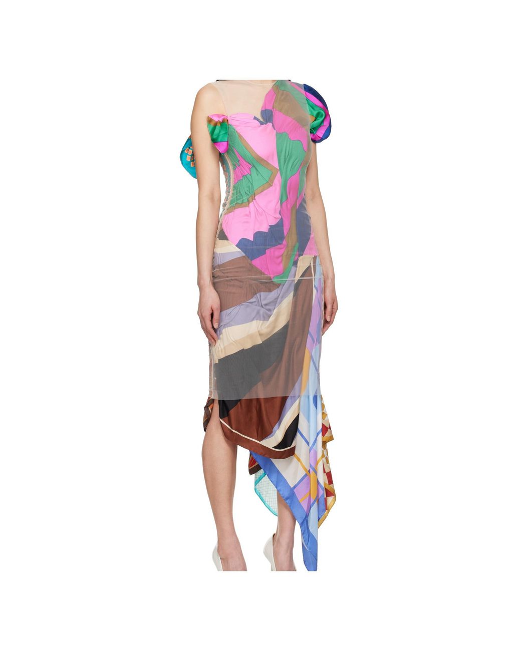 MARINE SERRE White Scarf-Detailed Asymmetric Midi Dress