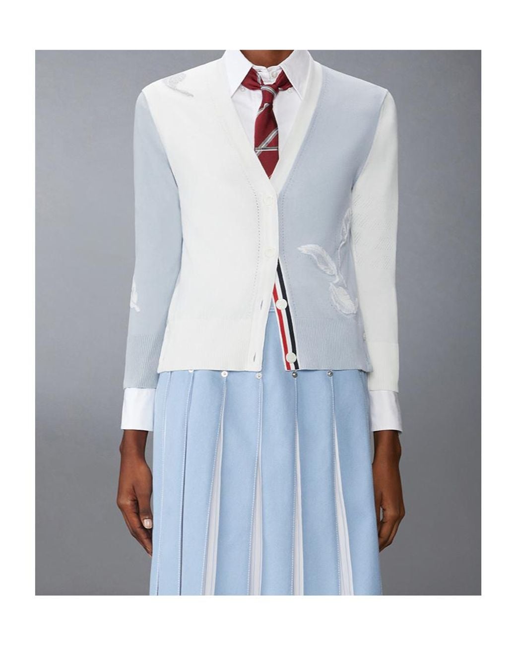 Thom Browne Blue Funmix Feather Intarsia Pointelle Relaxed Fit V-Neck Cardigan