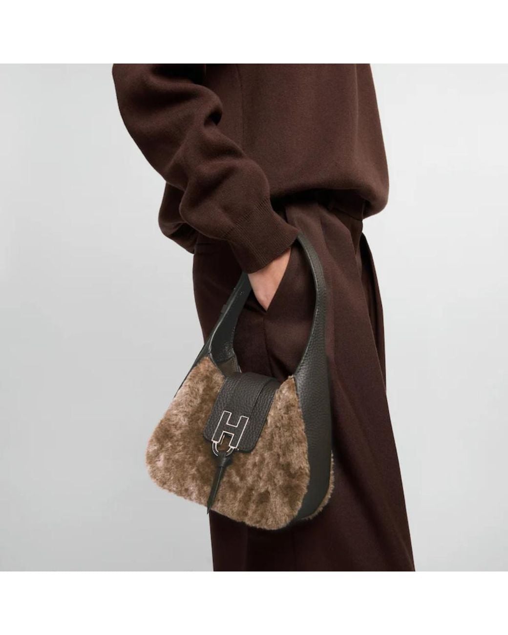 Hogan Brown Faux Fur Panel Shoulder Bag