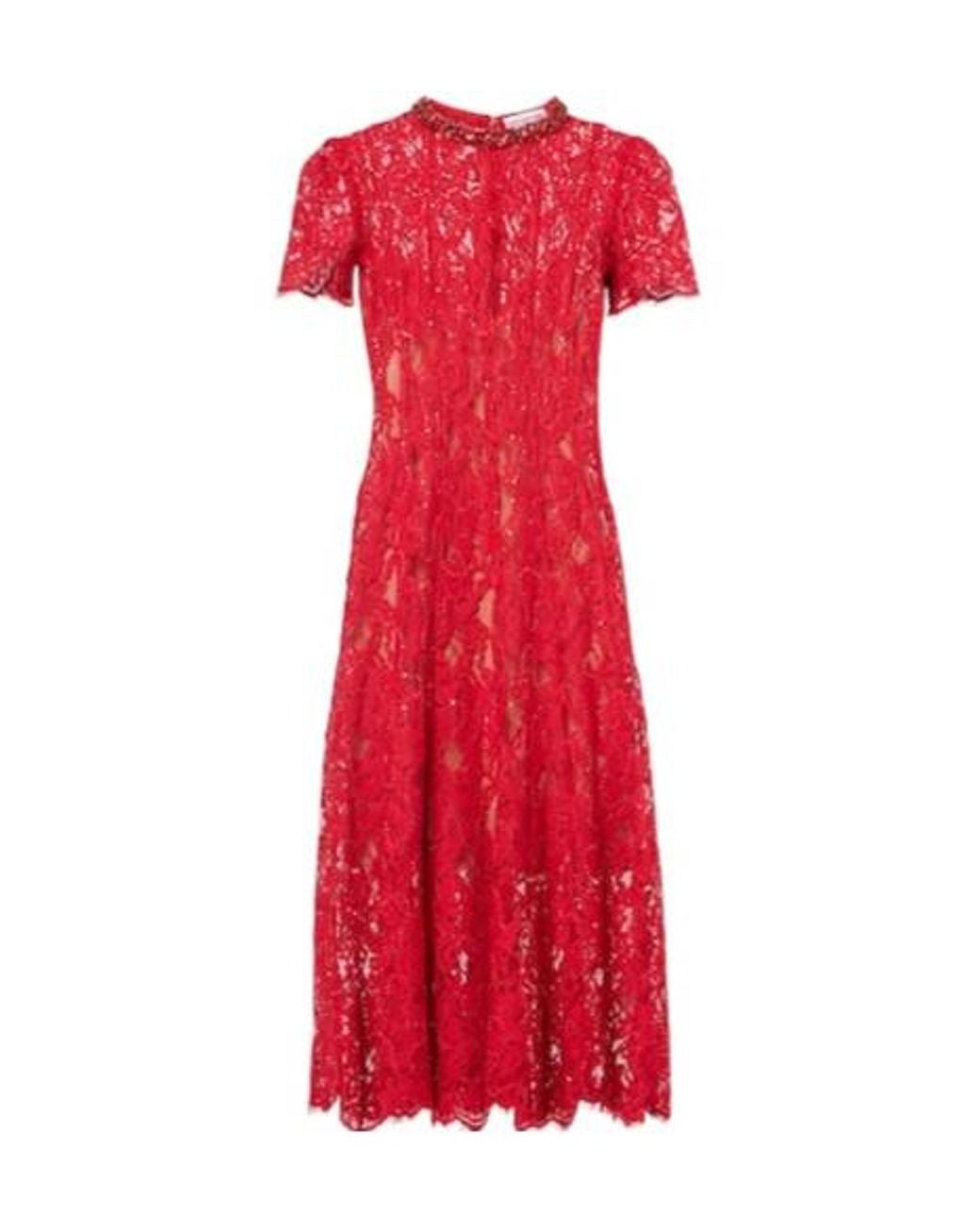 Self-Portrait Red Lace Sequined Midi Dress