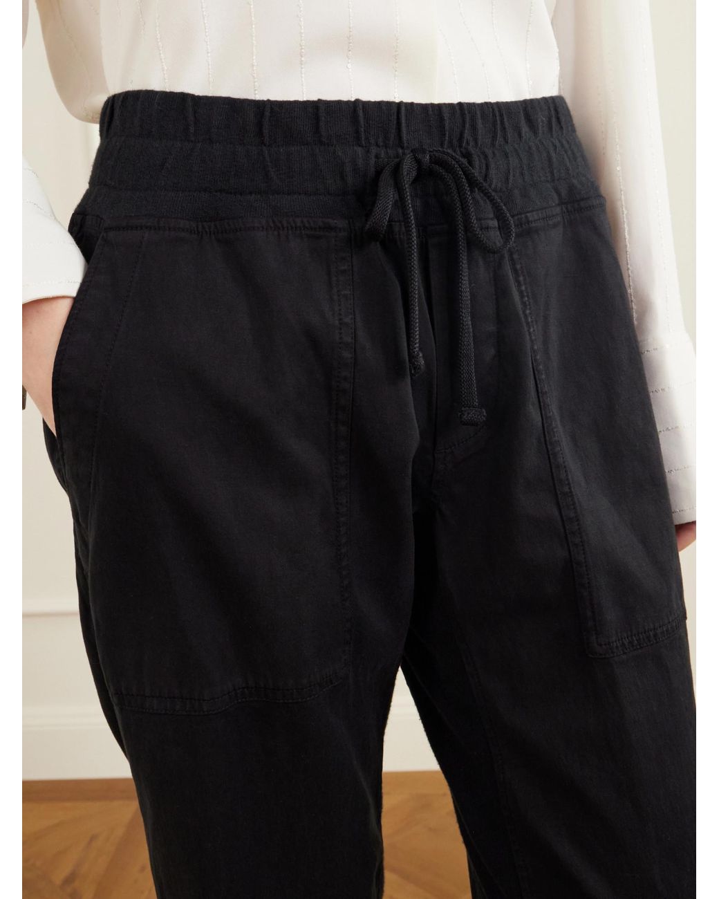James Perse Black Rib-Trimmed Cotton-Twill Tapered Pants