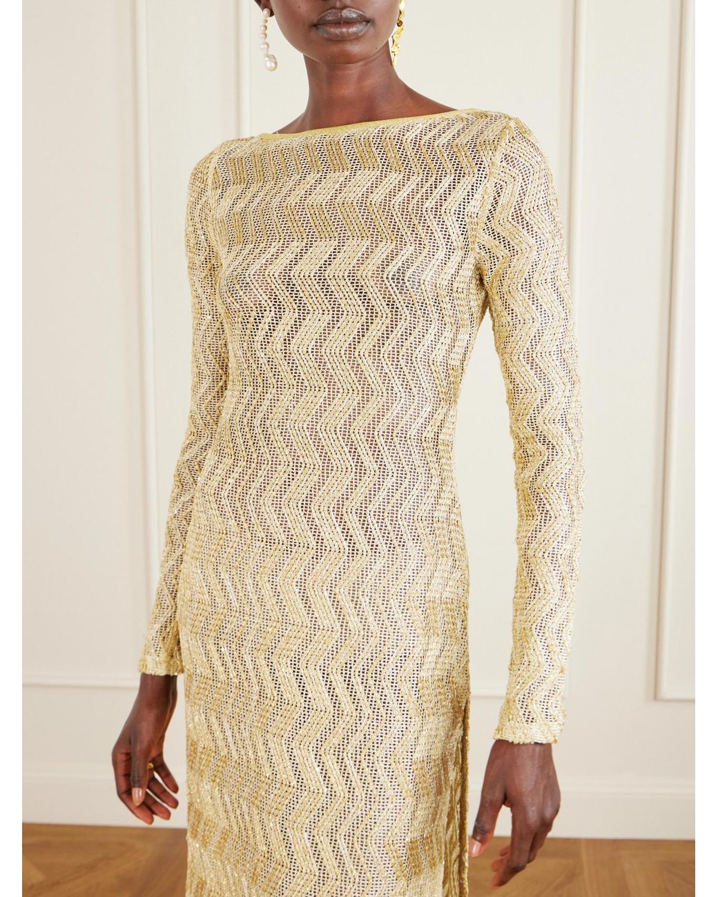 Missoni Natural Open-Back Metallic Crochet-Knit Maxi Dress