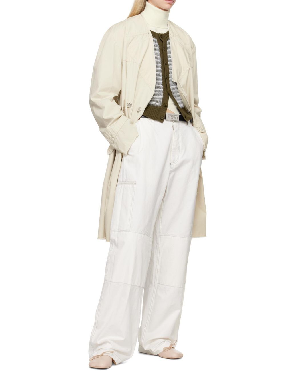 MM6 by Maison Margiela White Striped Round Neck Sweater