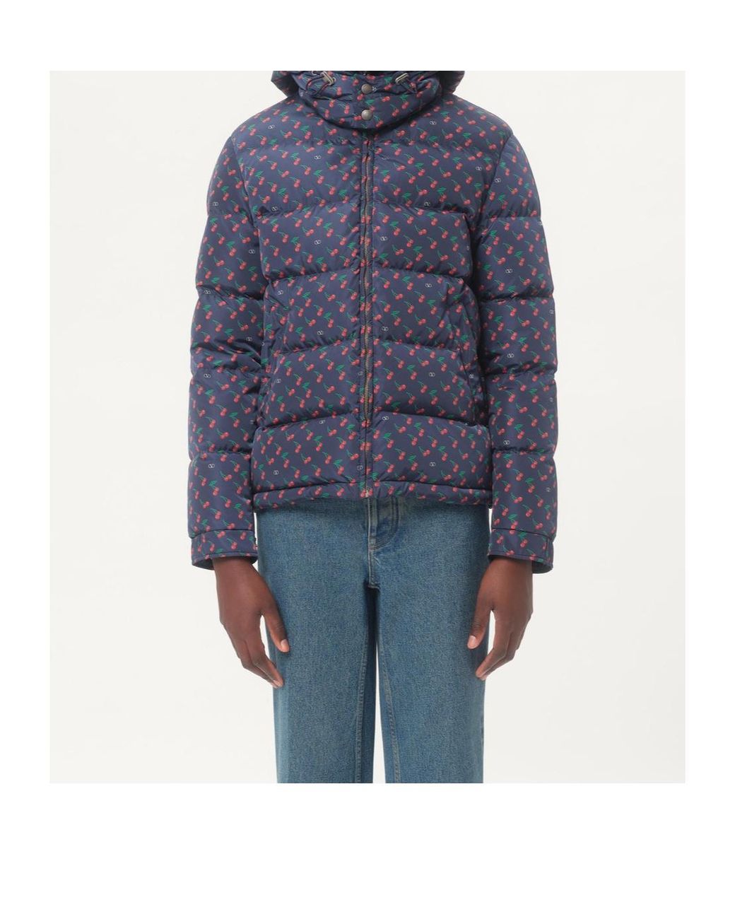 Valentino Blue Nylon Hooded Down Jacket With Cherryfic Print for men