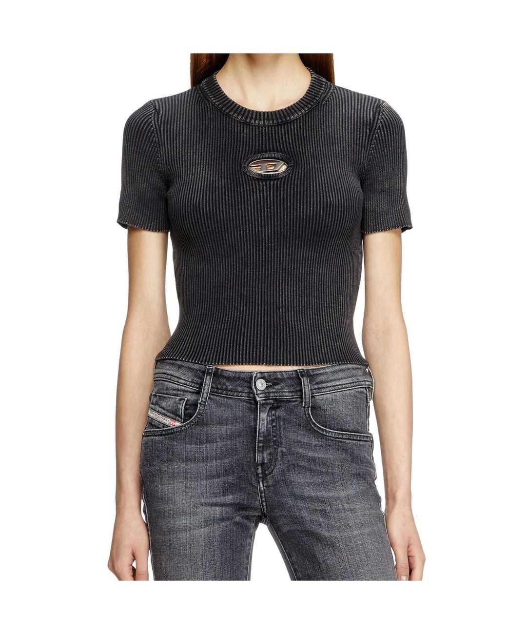 DIESEL Black Ribbed Logo Crop T-Shirt