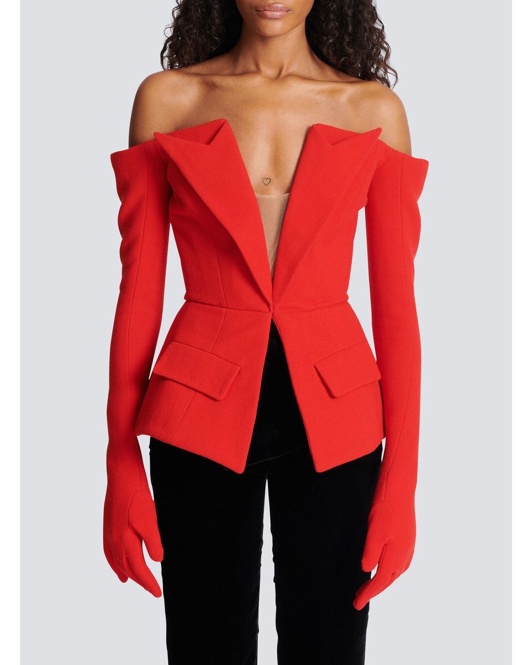 Balmain Red Off-The-Shoulder Peplum Top