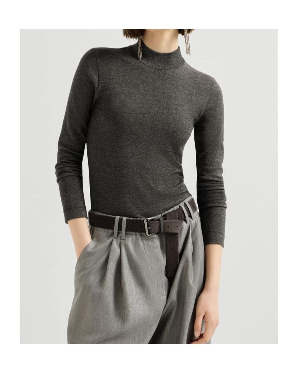 Brunello Cucinelli Black Sparkling Virgin Wool Mock Neck Long Sleeve T-Shirt With Monili