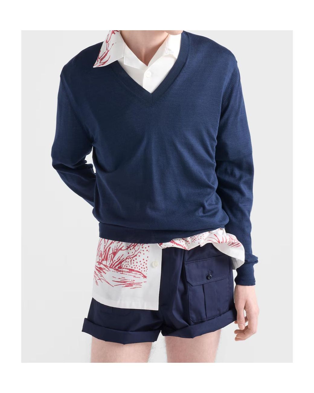 Prada Blue Long-Sleeved V-Neck Jumper for men