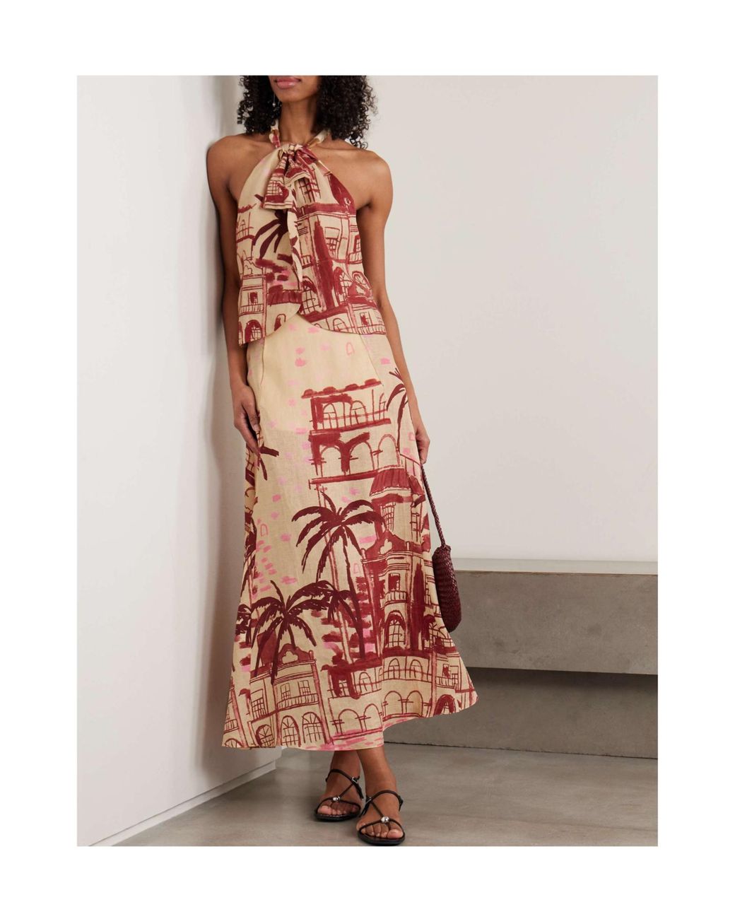 Johanna Ortiz Red Printed Linen Halterneck Top