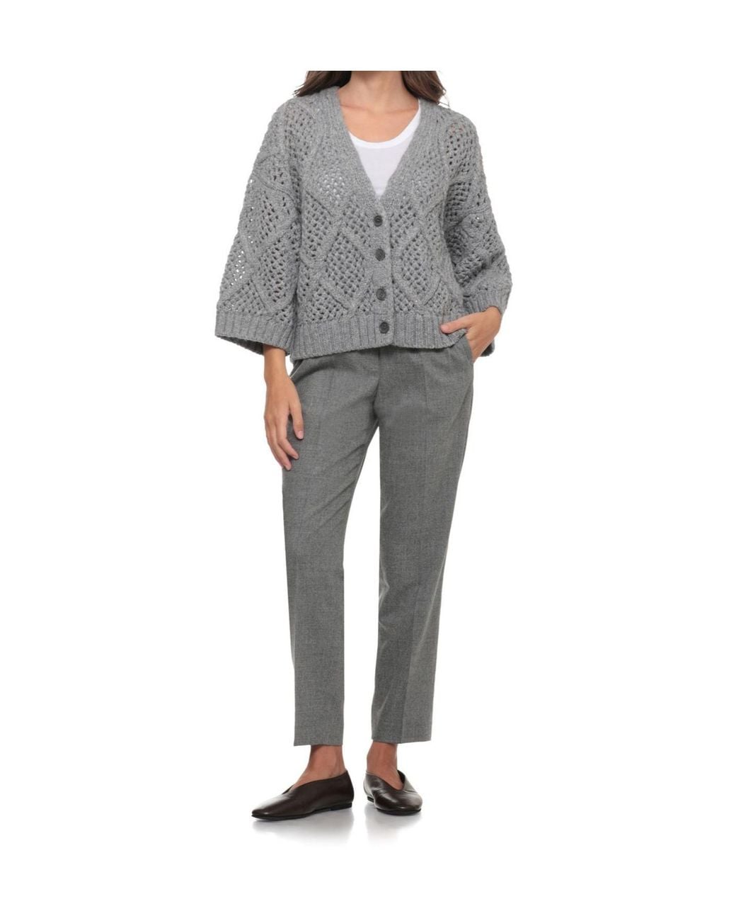 Peserico Gray Open-Knit V-Neck Cardigan