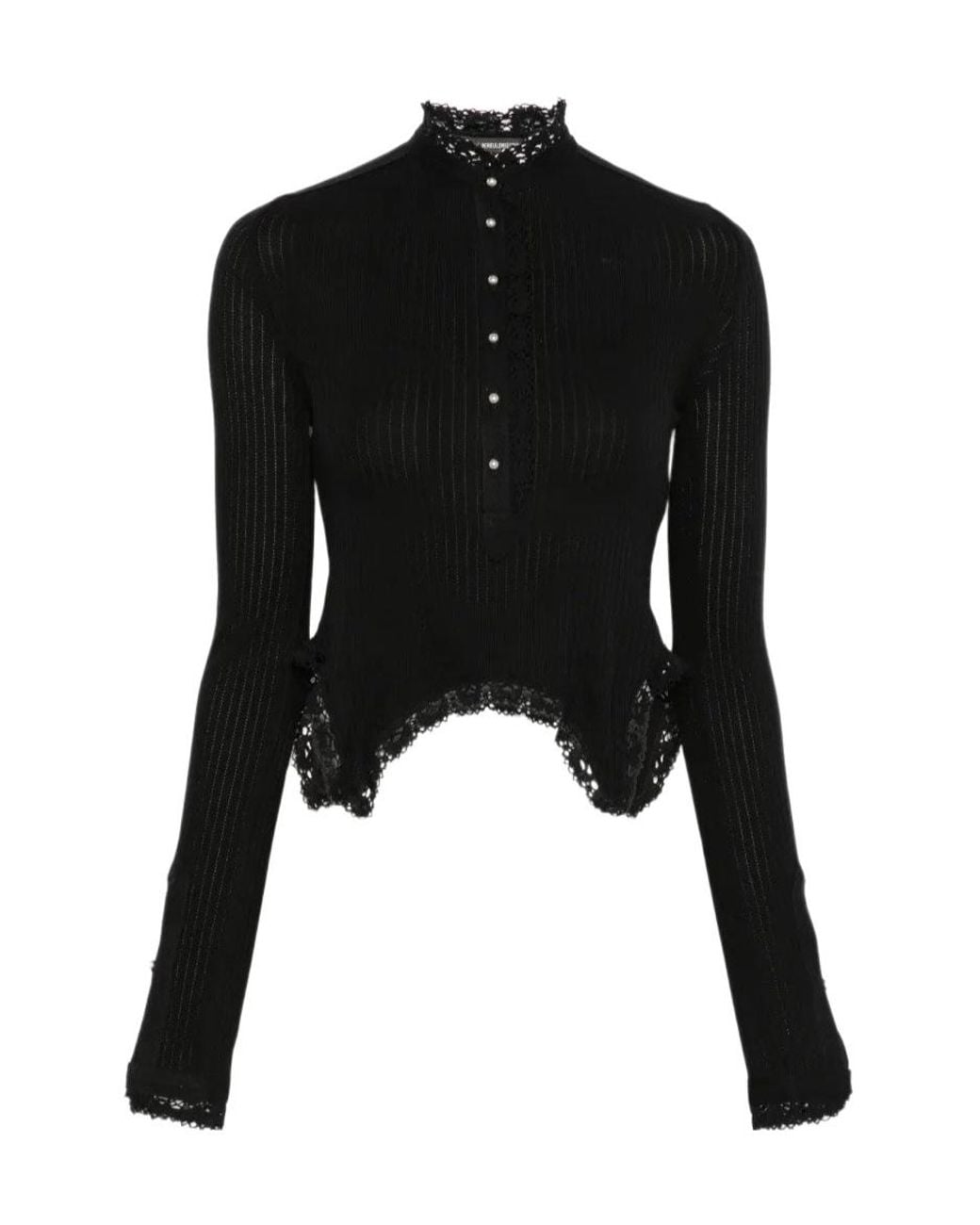 Ann Demeulemeester Black Lace-Trim Ribbed Top