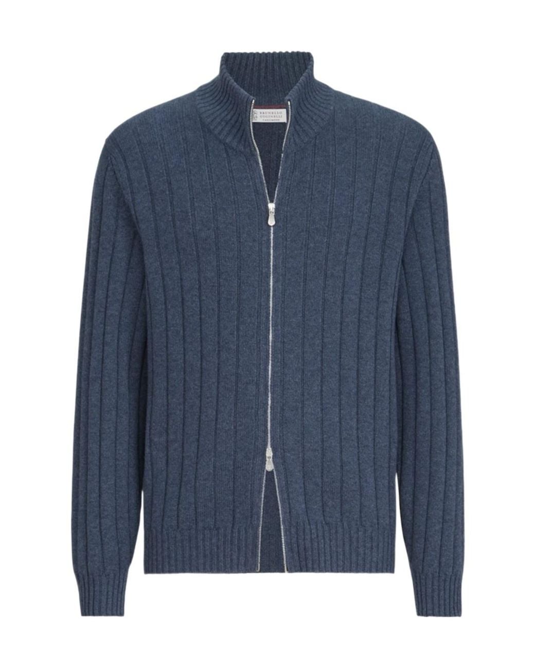 Brunello Cucinelli Blue Cashmere Ribbed Cardigan With Zip for men